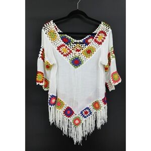 Crochet Boho Blouse M Ivory Granny Square Sheer Indie Festival Hippie Retro Folk